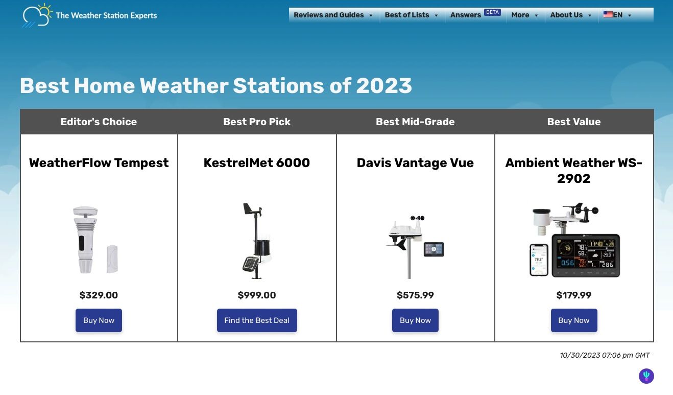 Capture d'écran du site web de The Weather Station Experts